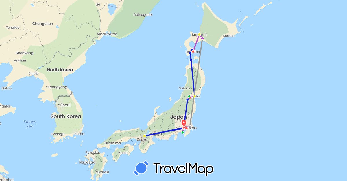 TravelMap itinerary: driving, bus, plane, train, hiking, taxi, subway, shinkansen, ropeway, tram in Japan (Asia)